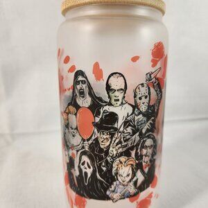 Halloween Horror Movie Characters Frosted Glass Tumbler Slasher Ghost Face +